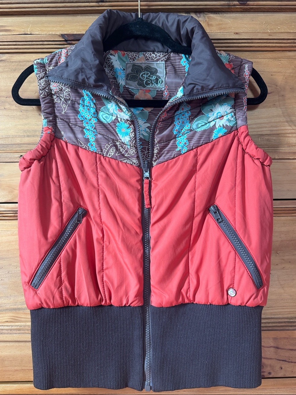 Vintage Rip Curl Reversable Coral Quilted Vest with Brown Retro Floral Yoke